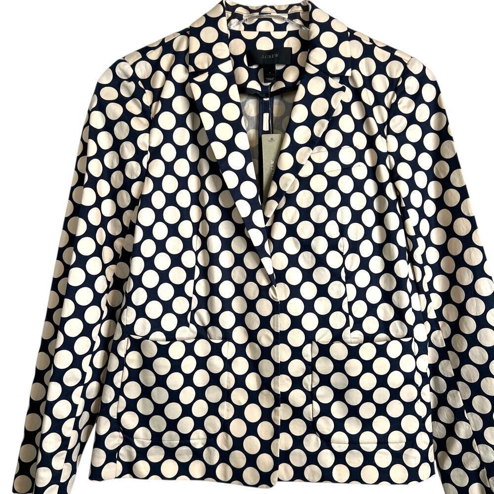 J.Crew Blazer Jacket 98% Cotton Navy Blue with Cream Polka Dots Women’s Size 4 - Picture 2 of 10